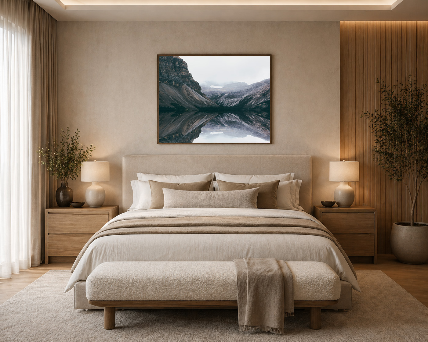 Warm neutral bedroom with framed mountain reflection canvas by Dan Sproul